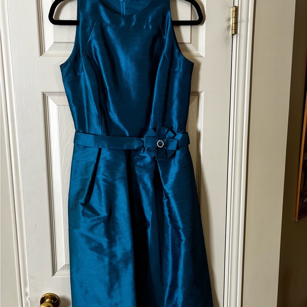 ALFRED SUNG Teal Sleeveless Midi Dress with Flower Belt